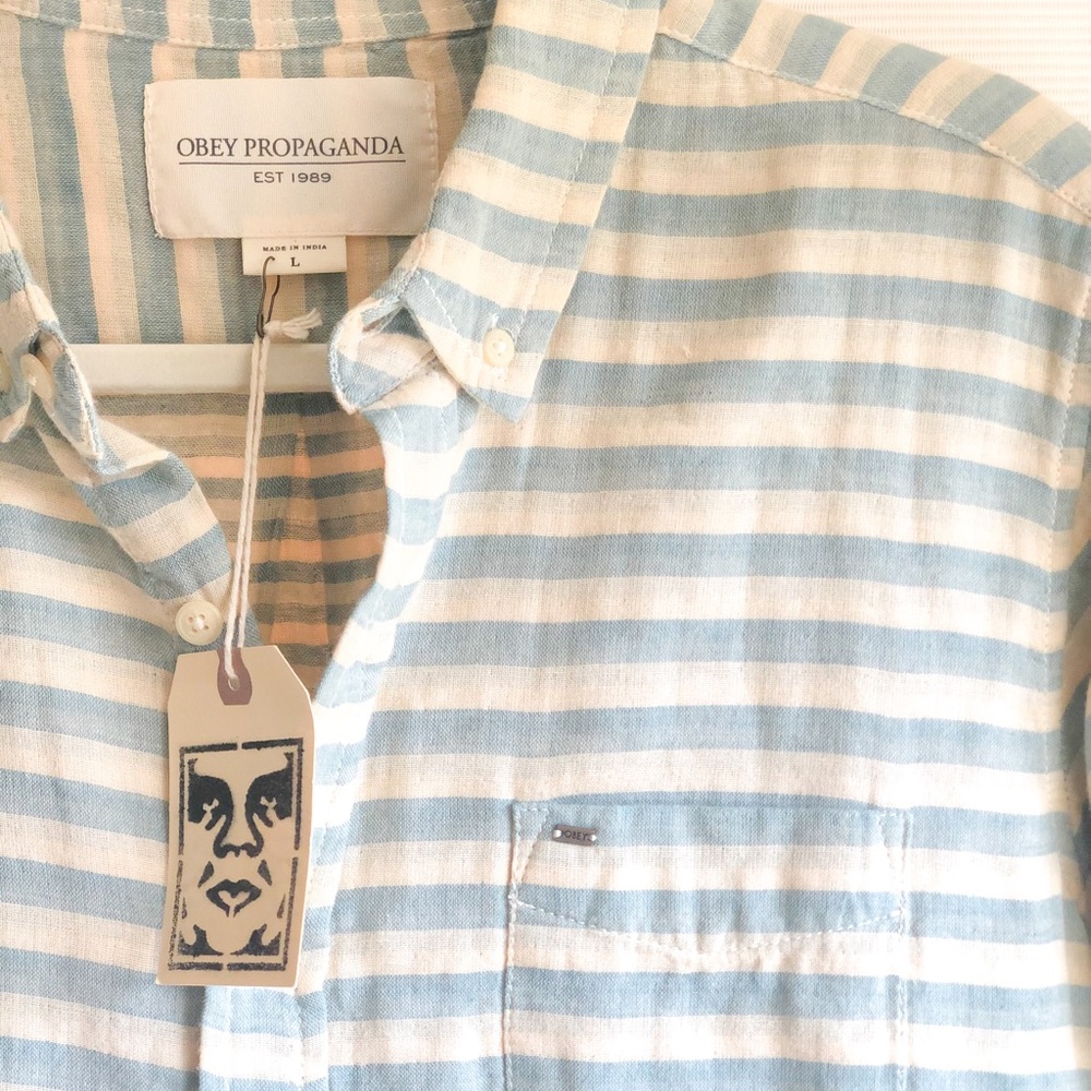 COPY - 🆕 Obey Blue/Cream Striped button down, Large.